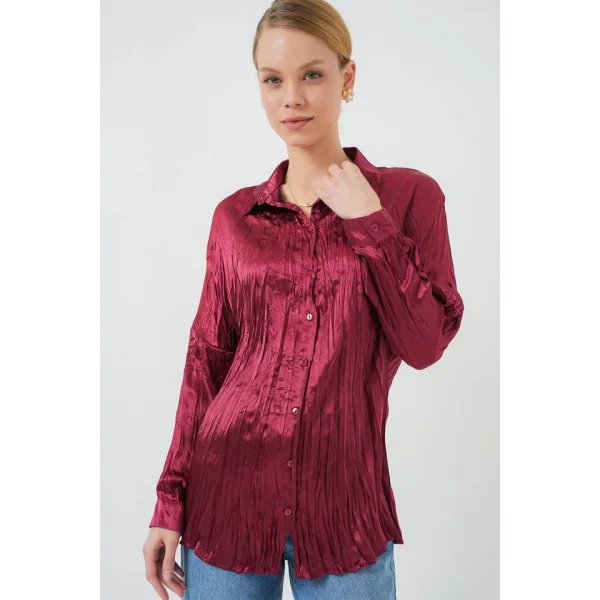 Kırışık Saten Gömlek 20316 - Bordo