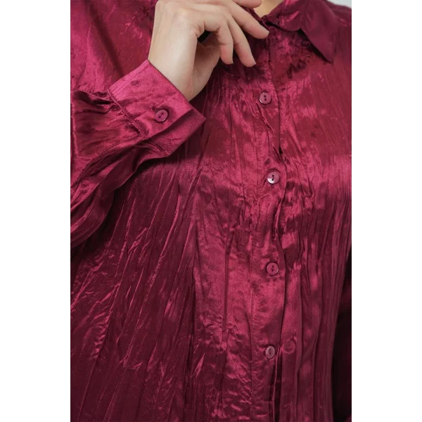 Kırışık Saten Gömlek 20316 - Bordo