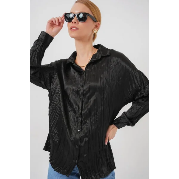 Kırışık Saten Gömlek 20316 - Siyah