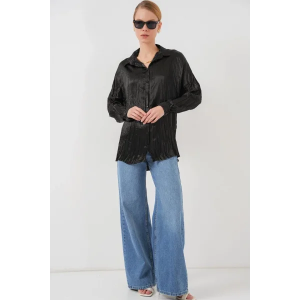 Kırışık Saten Gömlek 20316 - Siyah