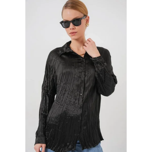 Kırışık Saten Gömlek 20316 - Siyah