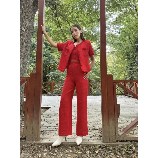 Kırmızı Askılı Büstiyer Ceket Ve Pantolon Takım