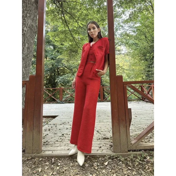 Kırmızı Askılı Büstiyer Ceket Ve Pantolon Takım