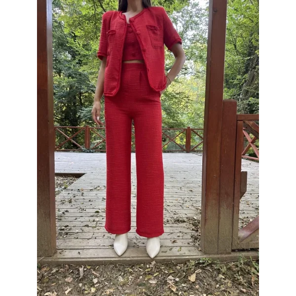 Kırmızı Askılı Büstiyer Ceket Ve Pantolon Takım