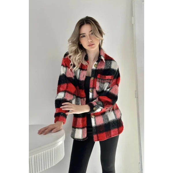 Kırmızı Buklet Cepli Zincir Taşlı Gömlek