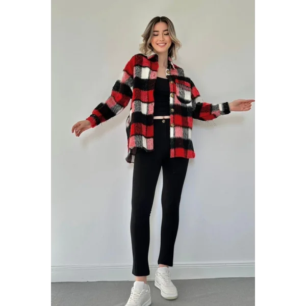 Kırmızı Buklet Cepli Zincir Taşlı Gömlek