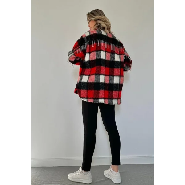 Kırmızı Buklet Cepli Zincir Taşlı Gömlek