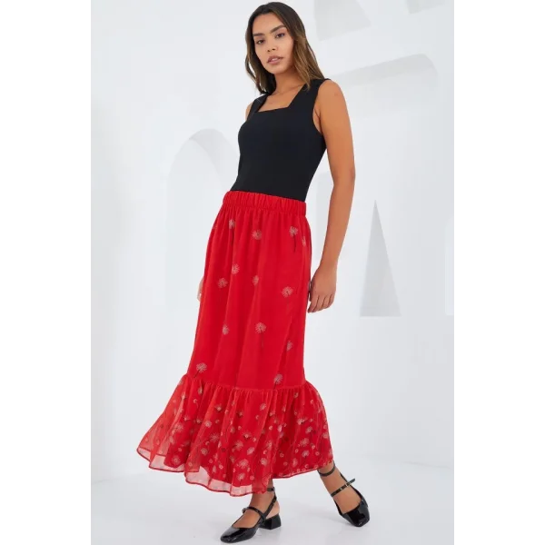 Kırmızı Desenli Şifon Etek 8010