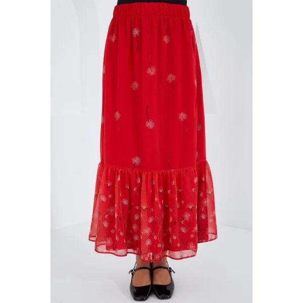 Kırmızı Desenli Şifon Etek 8010