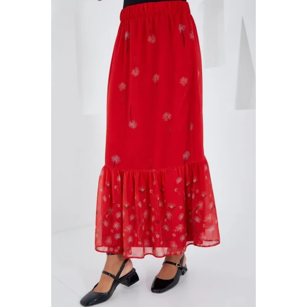 Kırmızı Desenli Şifon Etek 8010