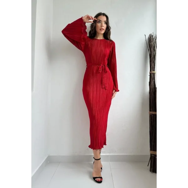 Kırmızı İspanyol Kol Piliseli Elbise