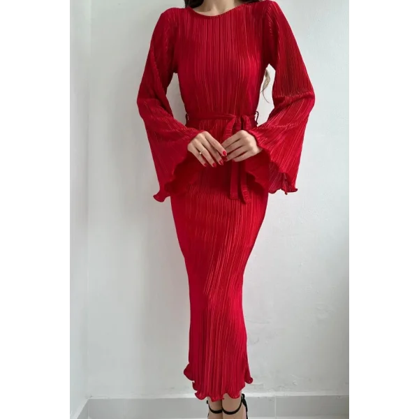 Kırmızı İspanyol Kol Piliseli Elbise