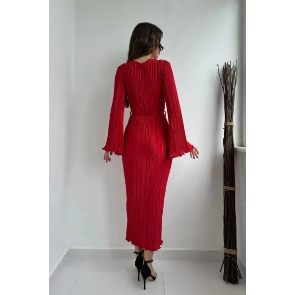 Kırmızı İspanyol Kol Piliseli Elbise