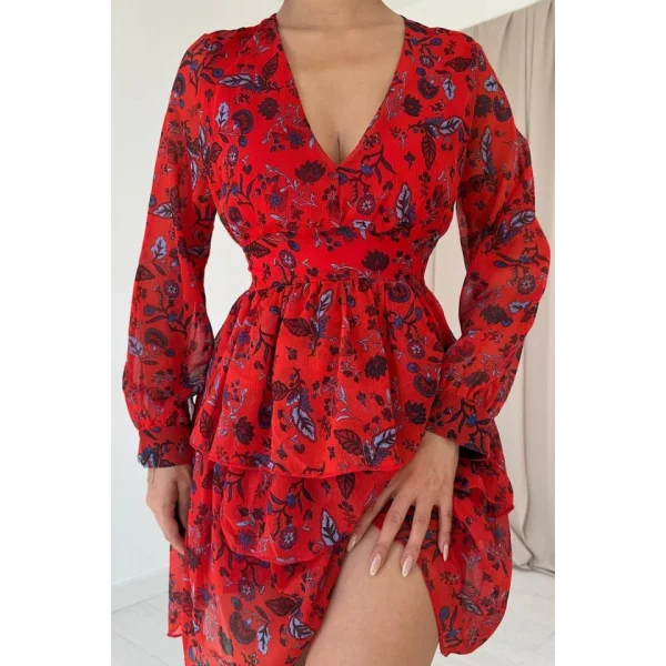 Kırmızı Kat Kat Şifon Elbise