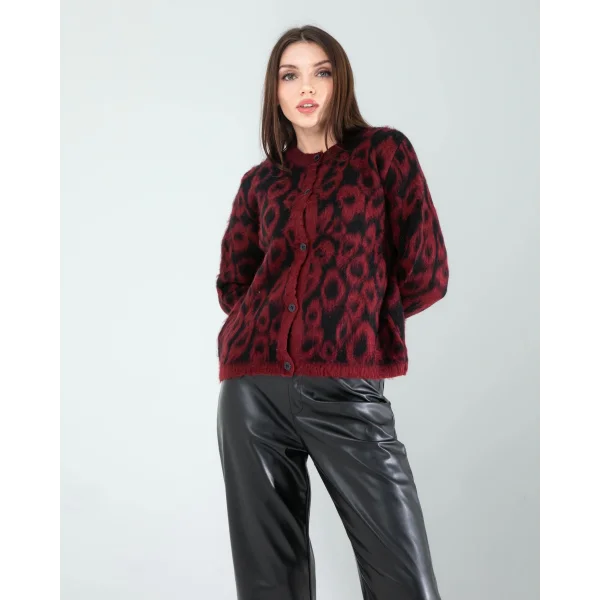 Kırmızı Leopar Desen Sakal Triko Hırka