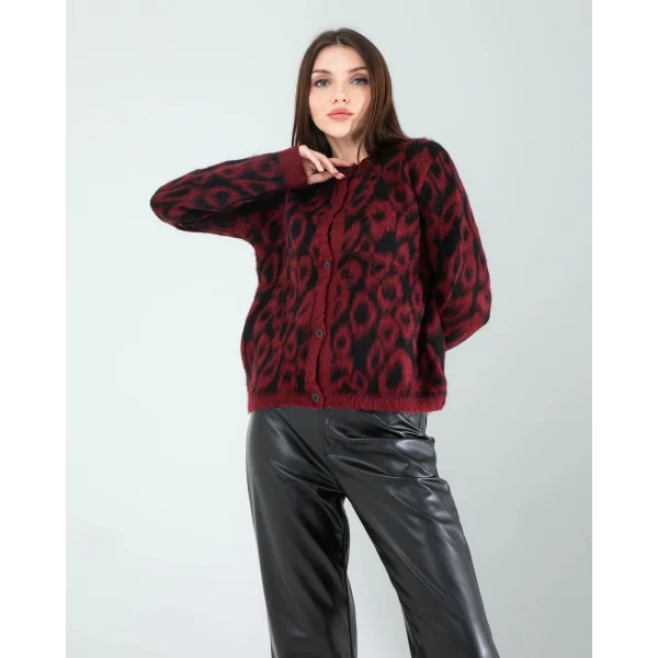 Kırmızı Leopar Desen Sakal Triko Hırka