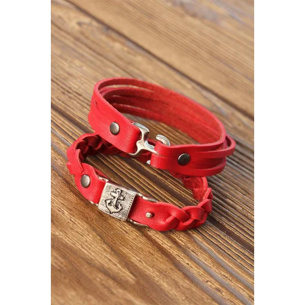 Kırmızı Renk Deri Erkek Bileklik Kombin