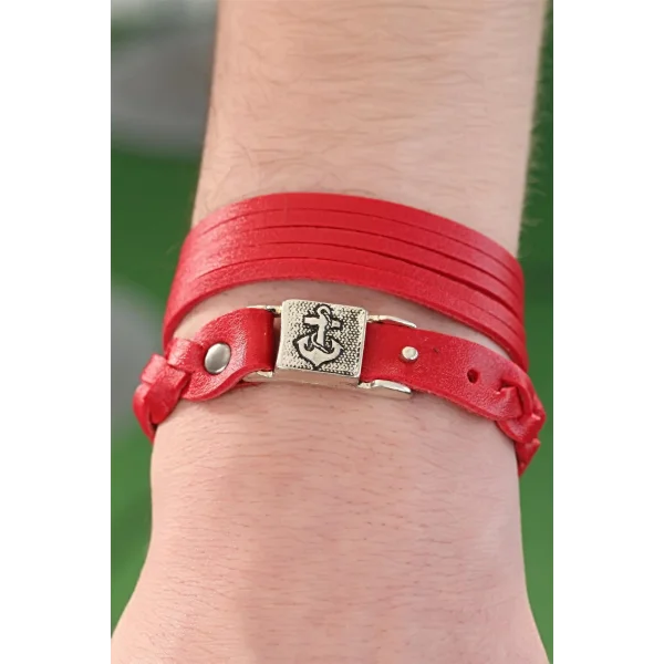 Kırmızı Renk Deri Erkek Bileklik Kombin