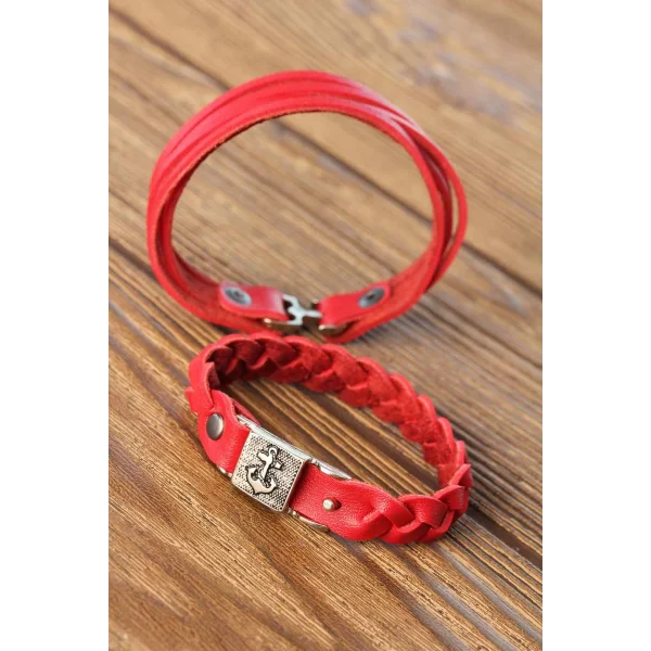 Kırmızı Renk Deri Erkek Bileklik Kombin
