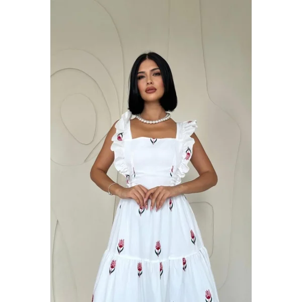 Kırmızı Sıfır Kol Fırfırlı Elbise