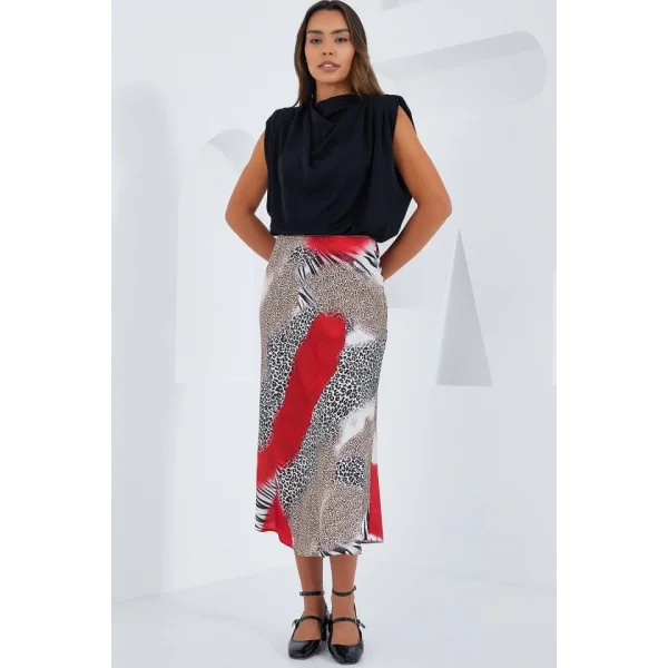 Kırmızı Siyah Desenli Saten Etek 15806