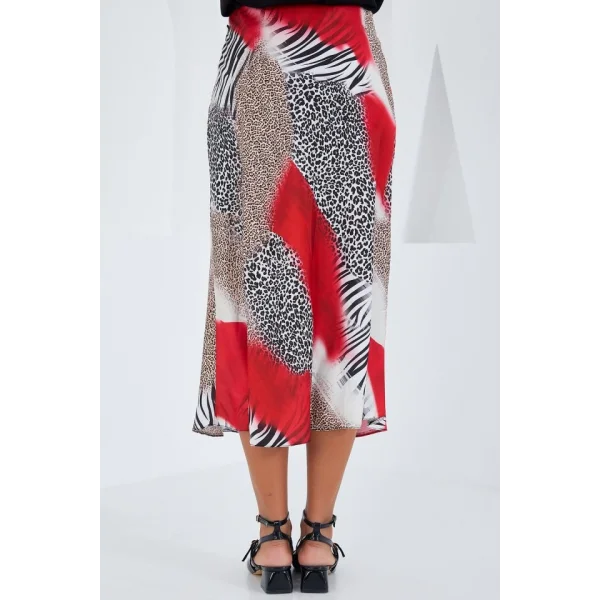 Kırmızı Siyah Desenli Saten Etek 15806