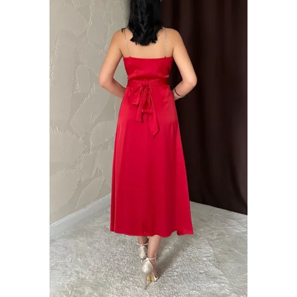 Kırmızı Taş Askılı Prenses Elbise