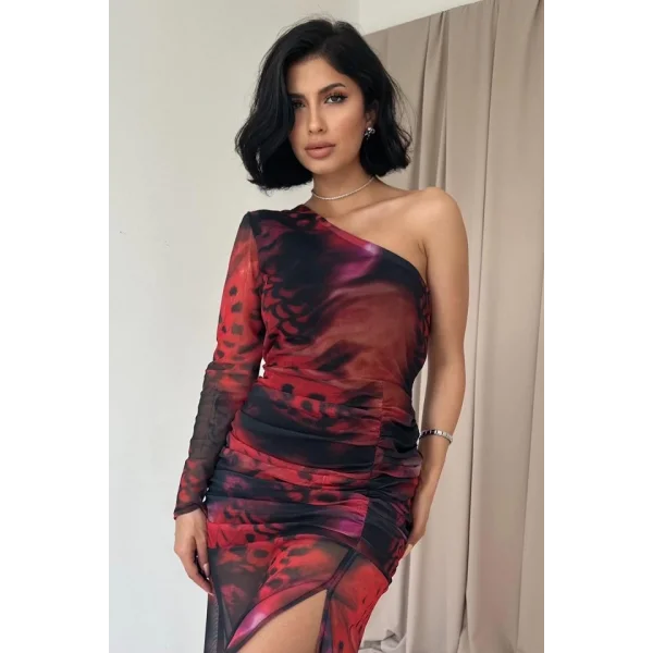 Kırmızı Tek Omuzlu Tül Elbise