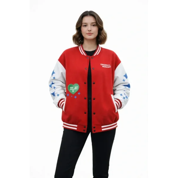 Kırmızı Varsity Çıtçıtlı Baskılı Oversize Kalıp Kolej Ceket - Kırmızı