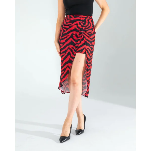 Kırmızı Zebra Desen Yandan Büzgülü Etek