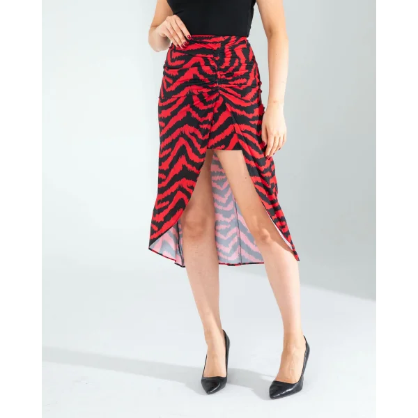 Kırmızı Zebra Desen Yandan Büzgülü Etek