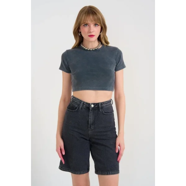 Kısa Bisiklet Yaka Tişört  Antrasit