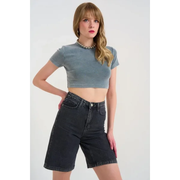 Kısa Bisiklet Yaka Tişört  Gri