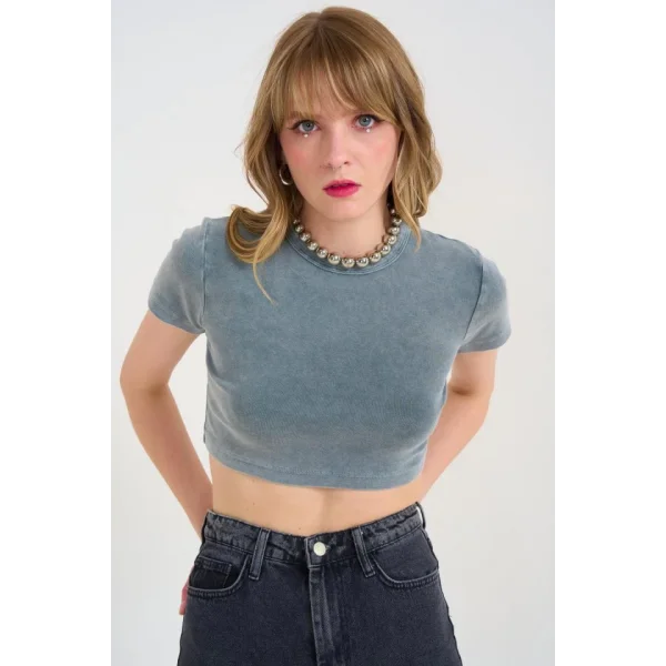 Kısa Bisiklet Yaka Tişört  Gri