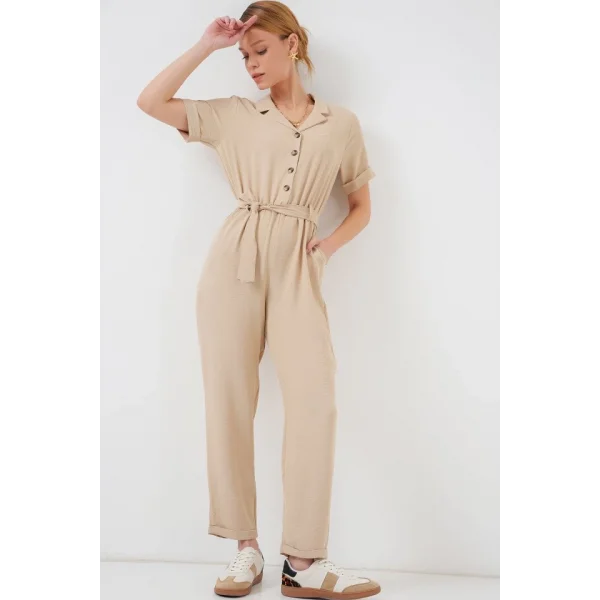 Kısa Kol Ayrobin Tulum 7030 - Krem