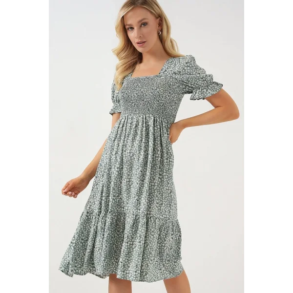 Kısa Kol Çiçekli Elbise 2556 - Mint