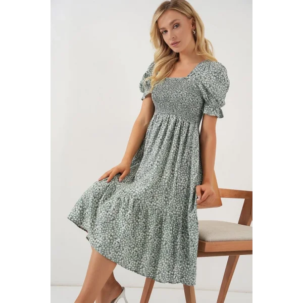 Kısa Kol Çiçekli Elbise 2556 - Mint