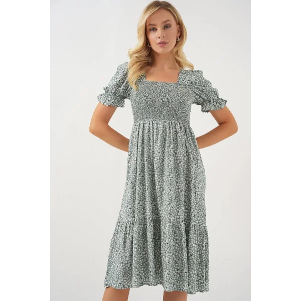 Kısa Kol Çiçekli Elbise 2556 - Mint