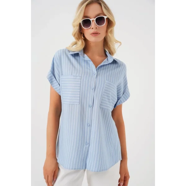 Kısa Kol Çizgili Oversize Gömlek 20303 - Mavi