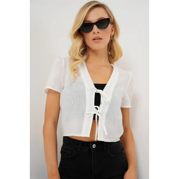Kısa Kol Crop Bluz 958 - Beyaz
