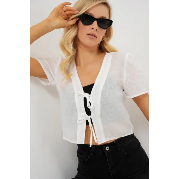 Kısa Kol Crop Bluz 958 - Beyaz