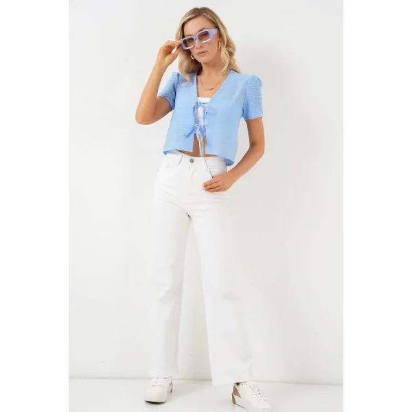 Kısa Kol Crop Bluz 958 - Mavi