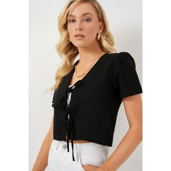 Kısa Kol Crop Bluz 958 - Siyah