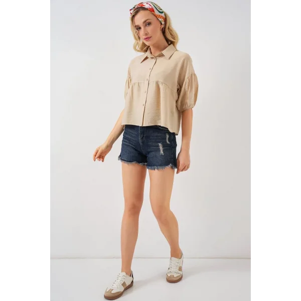 Kısa Kol Crop Gömlek 20335 - Bej