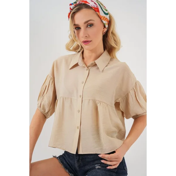 Kısa Kol Crop Gömlek 20335 - Bej