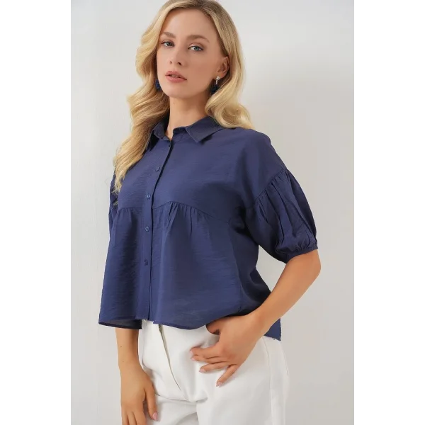 Kısa Kol Crop Gömlek 20335 - İndigo