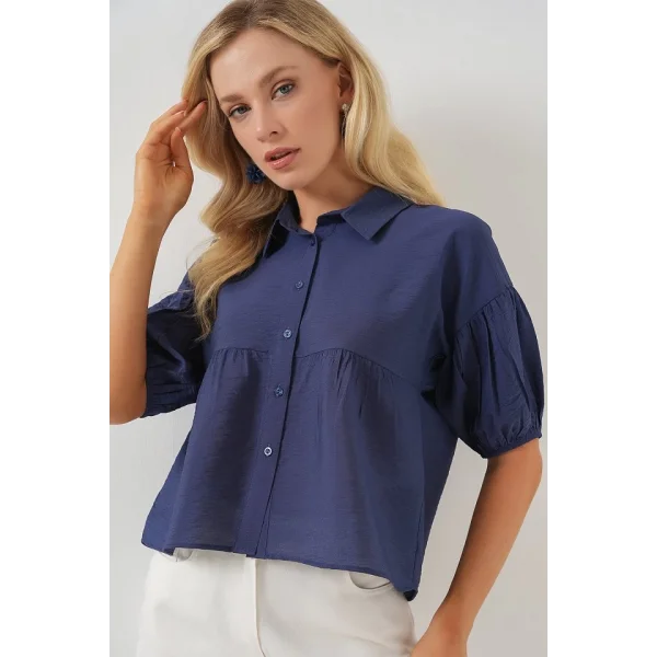 Kısa Kol Crop Gömlek 20335 - İndigo