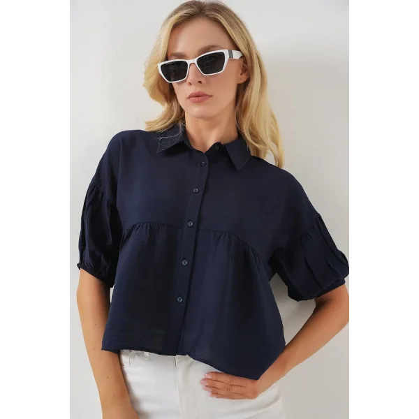 Kısa Kol Crop Gömlek 20335 - Lacivert