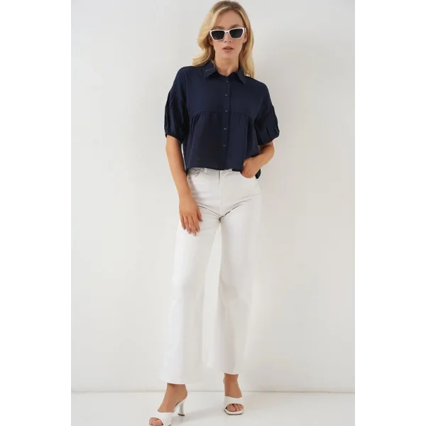 Kısa Kol Crop Gömlek 20335 - Lacivert