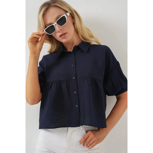 Kısa Kol Crop Gömlek 20335 - Lacivert